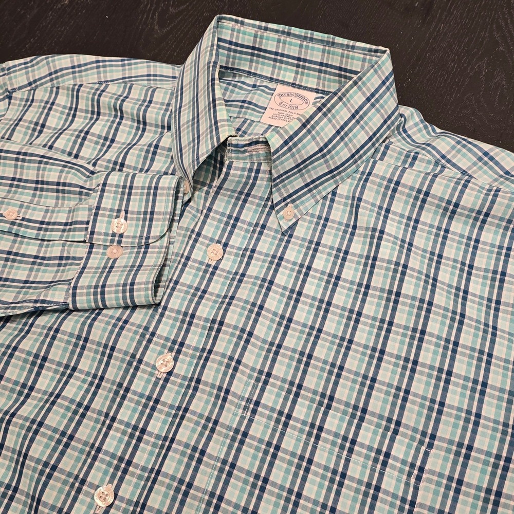 Brooks Brothers Non-Iron Supima Cotton Plaid Button Down Shirt Mens Large Teal